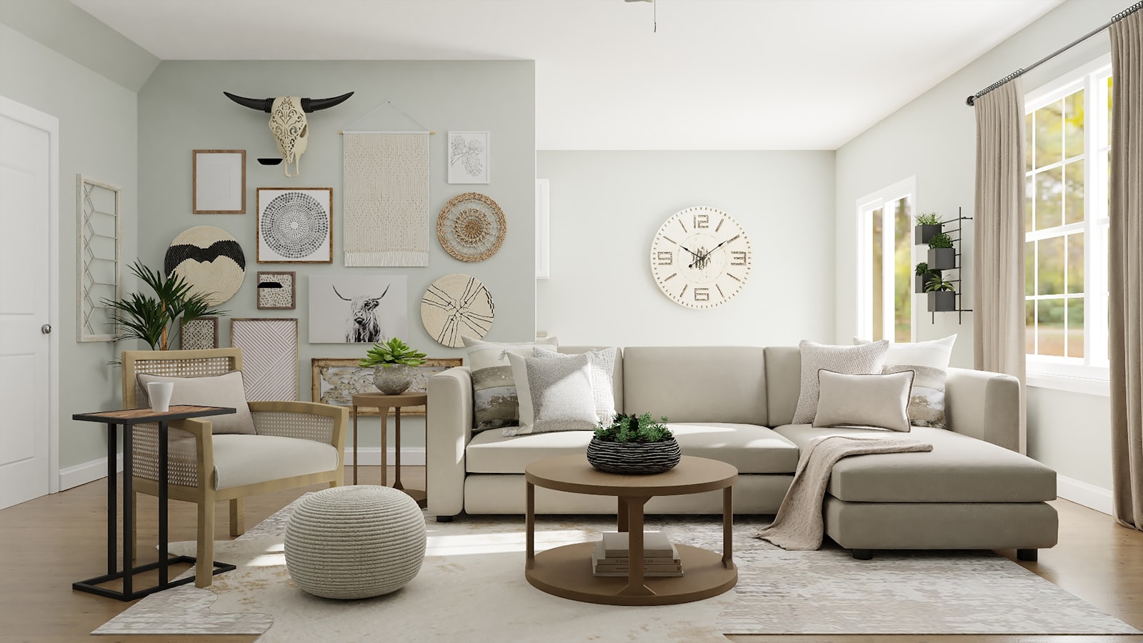 Neutral living room with a beige sofa and round coffee table