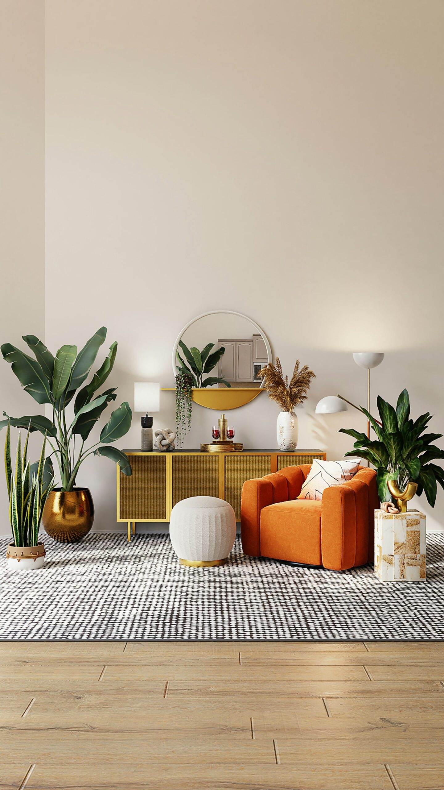 Living room with indoor plants and a tan accent chair