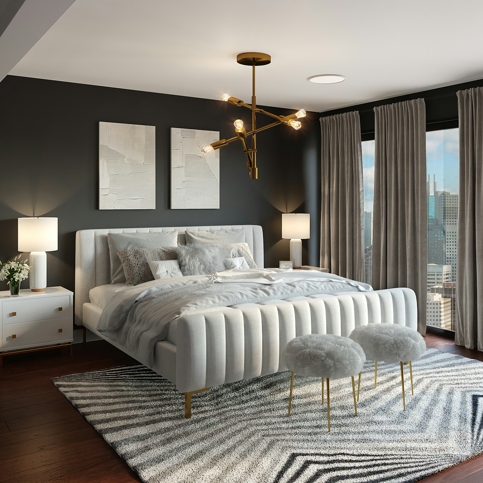 Luxury bedroom with a chandelier and white bed linen