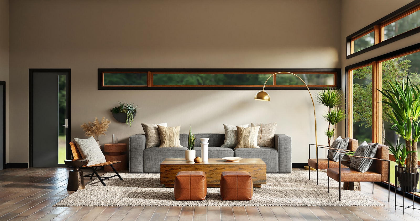 Open plan living room with grey sofas and warm wood