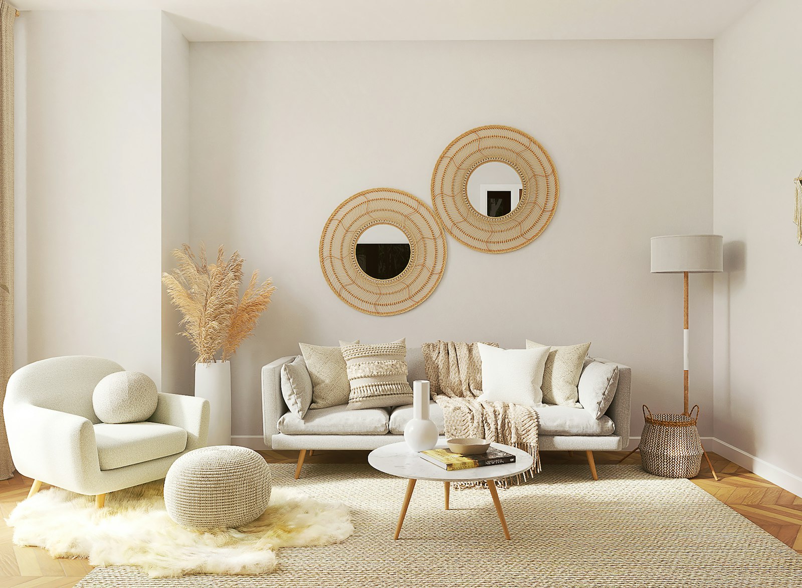 Bright modern living room with a bone linen sofa and round wall mirrors
