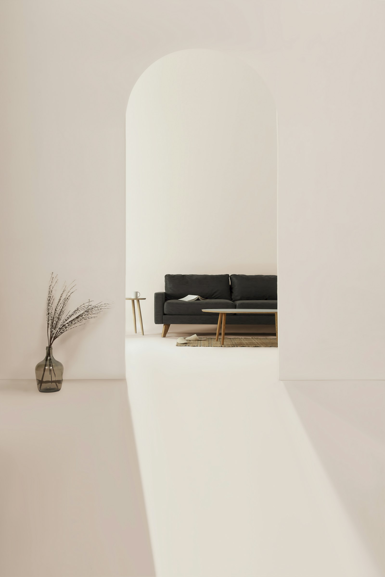 Minimal beige interior with a black console table