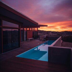 Outdoor terrace lounge seating at sunset